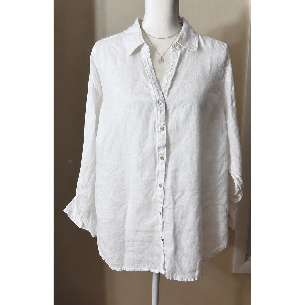 Sigrid Olsen Button Down 100% Linen Large White Coastal Grandma Workwear Offce